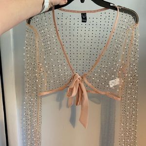 Sheer, tie in front top - Pearl and rhinestone